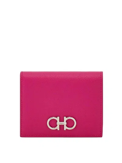 Ferragamo Grained Leather Gancini Compact Wallet In Nude