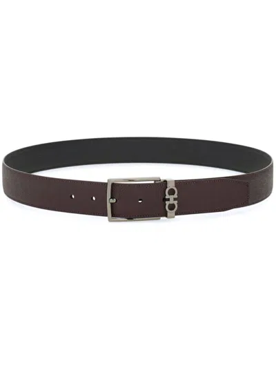 Ferragamo Grained Leather Gancini Motif Reversible Belt In Red