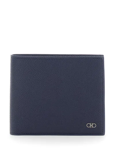 Ferragamo Grained Leather Micro Hook Bi-fold Wallet With Logo, 8.5 X 11 Cm In Blu