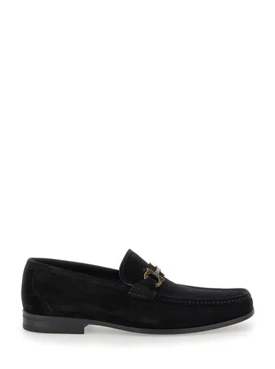 Ferragamo Black Gancini Ornament Loafers In Nero