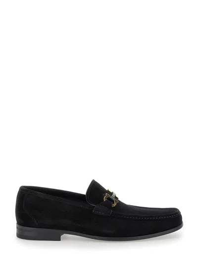 FERRAGAMO FERRAGAMO 'GRANDIOSO 2' BLACK LOAFERS WITH GANCINI IN SUEDE MAN
