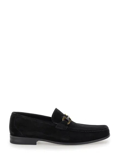 FERRAGAMO 'GRANDIOSO 2' BLACK LOAFERS WITH GANCINI IN SUEDE MAN