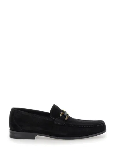 FERRAGAMO GRANDIOSO 2 BLACK LOAFERS WITH GANCINI IN SUEDE MAN