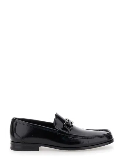 FERRAGAMO 'GRANDIOSO' BLACK LOAFERS WITH GANCINI DETAIL