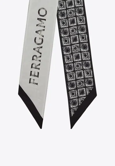 Ferragamo Graphic Logo Silk Tie Scarf In Monochrome