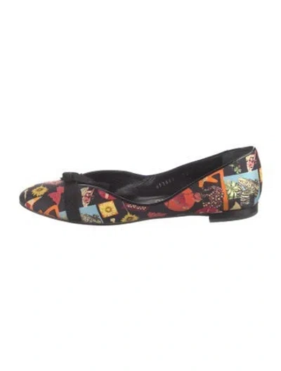 Pre-owned Ferragamo Graphic Print Bow Accents Ballet Flats In Black