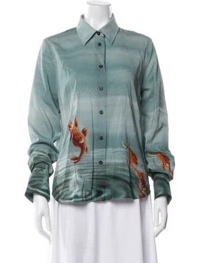 Pre-owned Ferragamo Graphic Print Long Sleeve Blouse In Green