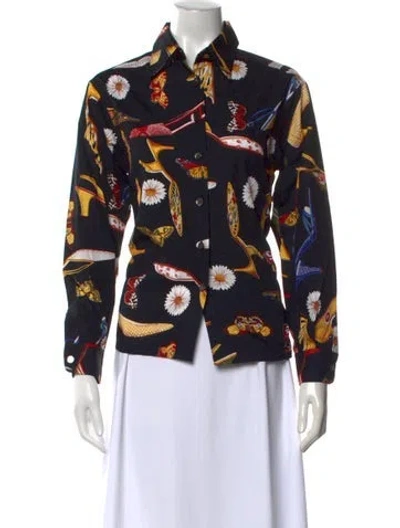Pre-owned Ferragamo Graphic Print Long Sleeve Button-up Top W/ Tags In Black