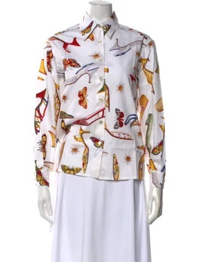 Pre-owned Ferragamo Graphic Print Long Sleeve Button-up Top W/ Tags In White