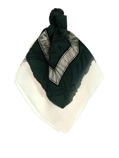 Ferragamo Lightweight Floral Print Square Scarf With Rolled Edges In Green