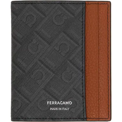 Ferragamo Gray & Brown Monogram Bifold Card Holder In Nero/grigio || Natur