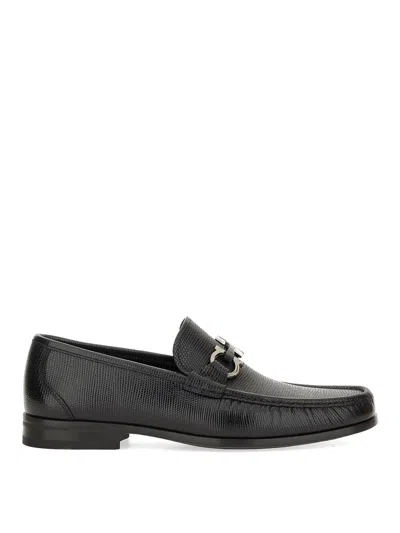 Ferragamo Gandioso Pebbled Moccasin With Gancini Ornament In Black Leather