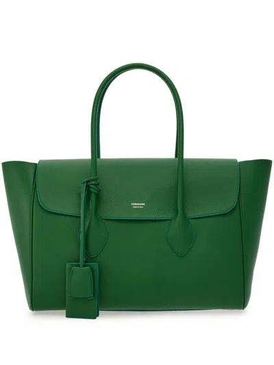Ferragamo Green Large Leather Tote Bag