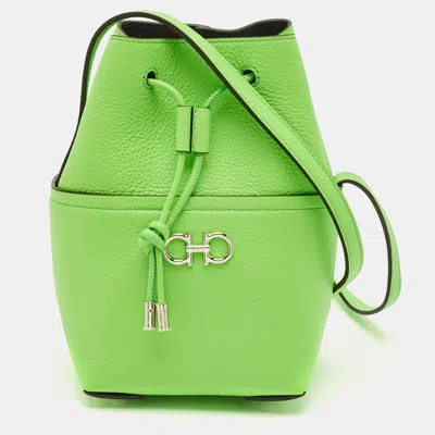 Pre-owned Ferragamo Green Leather Mini Gancini Drawstring Bucket Bag