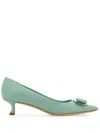 Ferragamo Zelma Pointed Toe Kitten Heel Pumps In Green