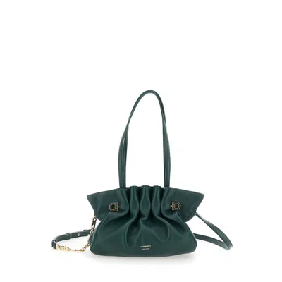 Ferragamo Green Shoulder Bag With Embossed Logo Lettering On The Front And Gancini In Leather