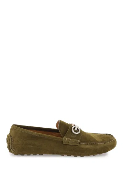 Ferragamo Green Suede Loafers With Iconic Silver Hook Detail For Men