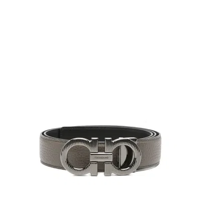 Ferragamo Reversible Leather Belt With Textured Metal Buckle In Gray