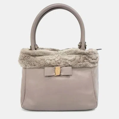 Pre-owned Ferragamo Grey Canvas And Leather Fur-trimmed Tote Bag In Gray