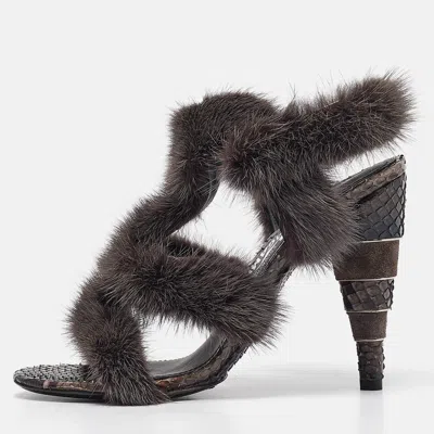 Pre-owned Ferragamo Grey Fur Python Leather Ankle Strap Sandals 36.5