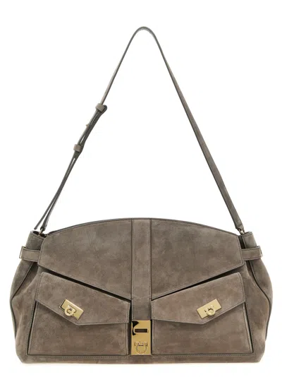 FERRAGAMO GREY HUG SHOULDER BAG