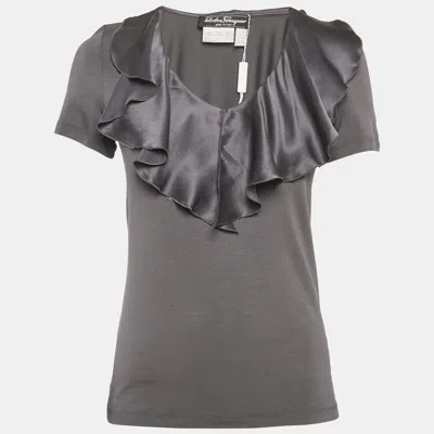 Ferragamo Grey Knit & Silk Ruffle Neck Top In Gray
