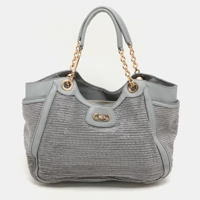Pre-owned Ferragamo Grey Leather And Raffia Betulla Tote