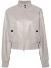 Ferragamo Elasticated-hem Leather Jacket In Grey
