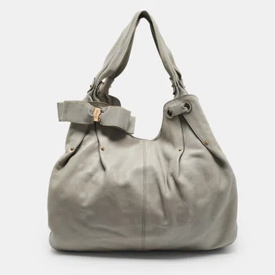 Pre-owned Ferragamo Grey Leather Bow Hobo In Gray