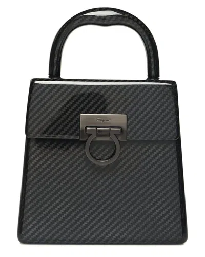 Ferragamo Grey Leather Gancini Carbonio Top Handle Bag (authentic )