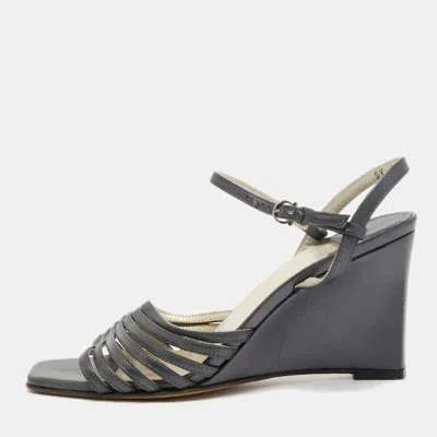 Ferragamo Grey Leather Strappy Wedge Sandals In Gray