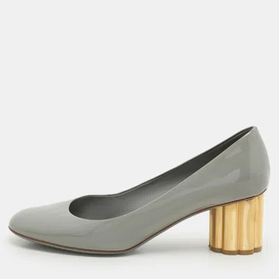 Pre-owned Ferragamo Grey Patent Leather Lucca Block Heel Pumps Size 39.5 In Gray