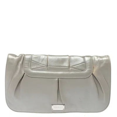 Ferragamo Grey Pleated Leather Oversized Clutch In Gray