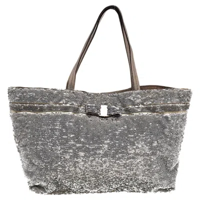 Ferragamo Grey Sequins And Nylon Tote In Silver