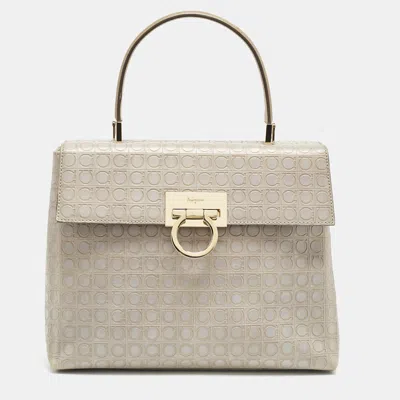 Pre-owned Ferragamo Grey Signature Embossed Leather Gancini Top Handle Bag