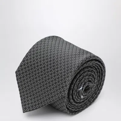 Ferragamo Grey Silk Tie With Gancini Print In Gray