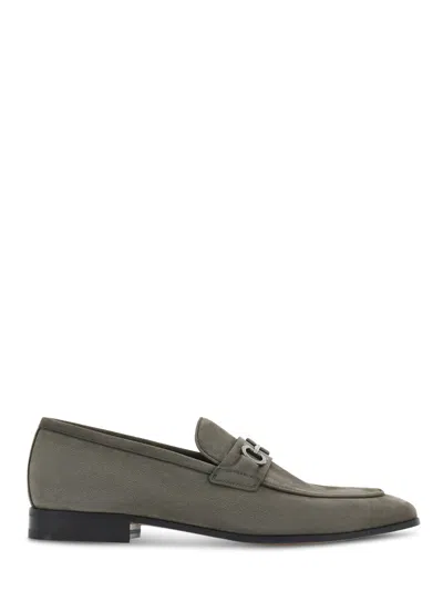 Ferragamo Grey Suede Flat Shoes With Decorative Metal Detail In Green