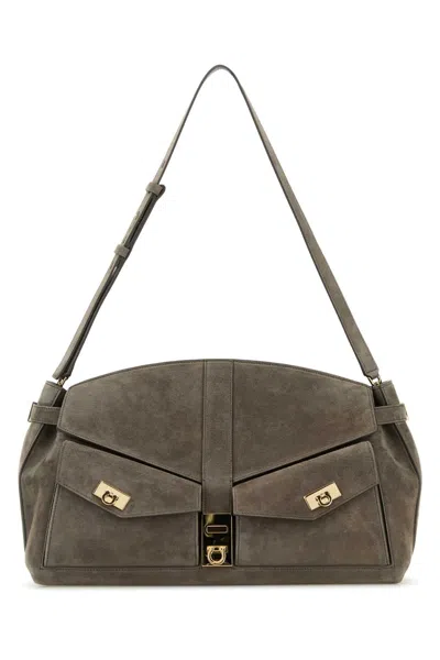 Ferragamo Grey Suede Shoulder Bag