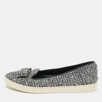 Pre-owned Ferragamo Grey Tweed And Leather Novello Slip On Sneakers Size 38.5 In Gray