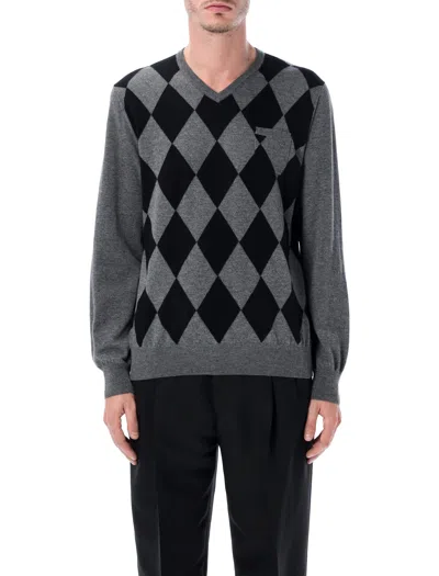 FERRAGAMO FERRAGAMO GREY VIRGIN WOOL ARGYLE V-NECK SWEATER