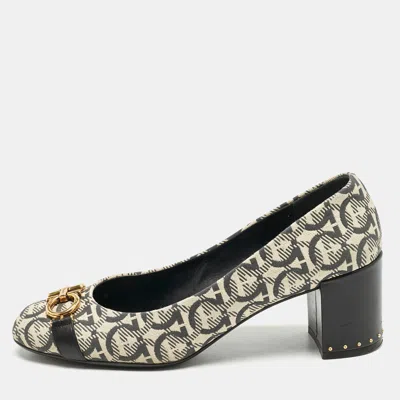 Ferragamo Grey/beige Gancini Canvas Garda Pumps In Multi