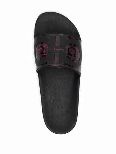 Ferragamo Groove Logo-embossed Sliders In Black