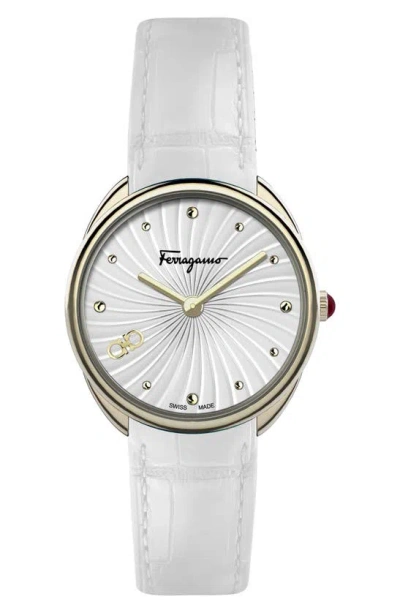 Ferragamo Guilloché Dial Embossed Leather Strap Watch, 34mm In Gold