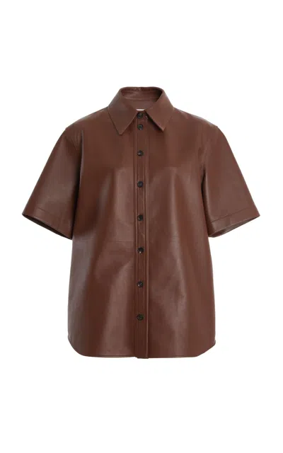 Ferragamo Half-sleeve Leather Polo Shirt In Brown