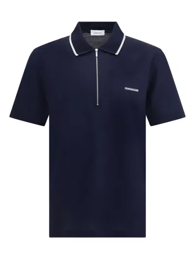 Ferragamo Cotton Polo Shirt With Zip Closure In Blue