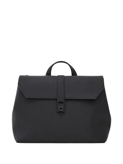 Ferragamo Hammered Flap Leather Backpack In Black