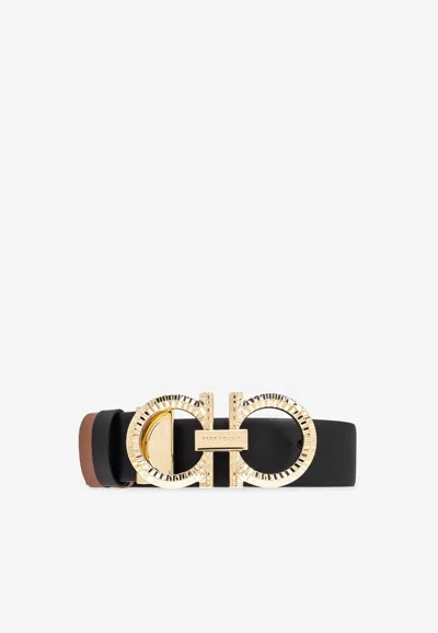 Ferragamo Hammered Gancini Reversible Leather Belt In Black