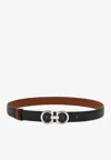 Ferragamo Hammered Gancini Reversible Leather Belt In Black