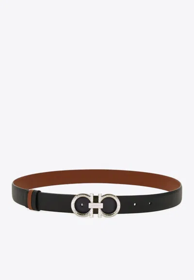 Ferragamo Hammered Gancini Reversible Leather Belt In Black