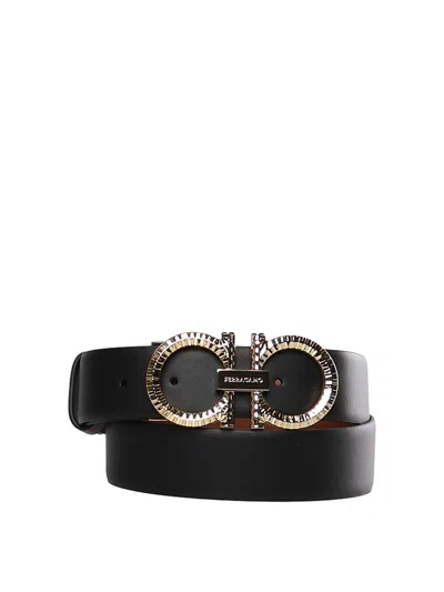 Ferragamo Hammered Leather Belt With Gancini Buckle In Black